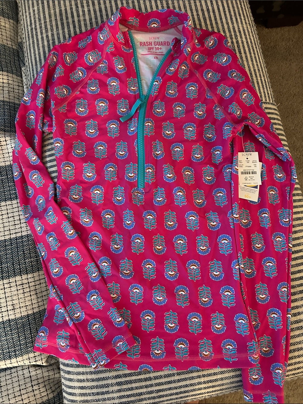 ‼️NWT‼️ J. Crew ⚓️ Hot Pink Floral-Print Rash Guard with Teal Zip
